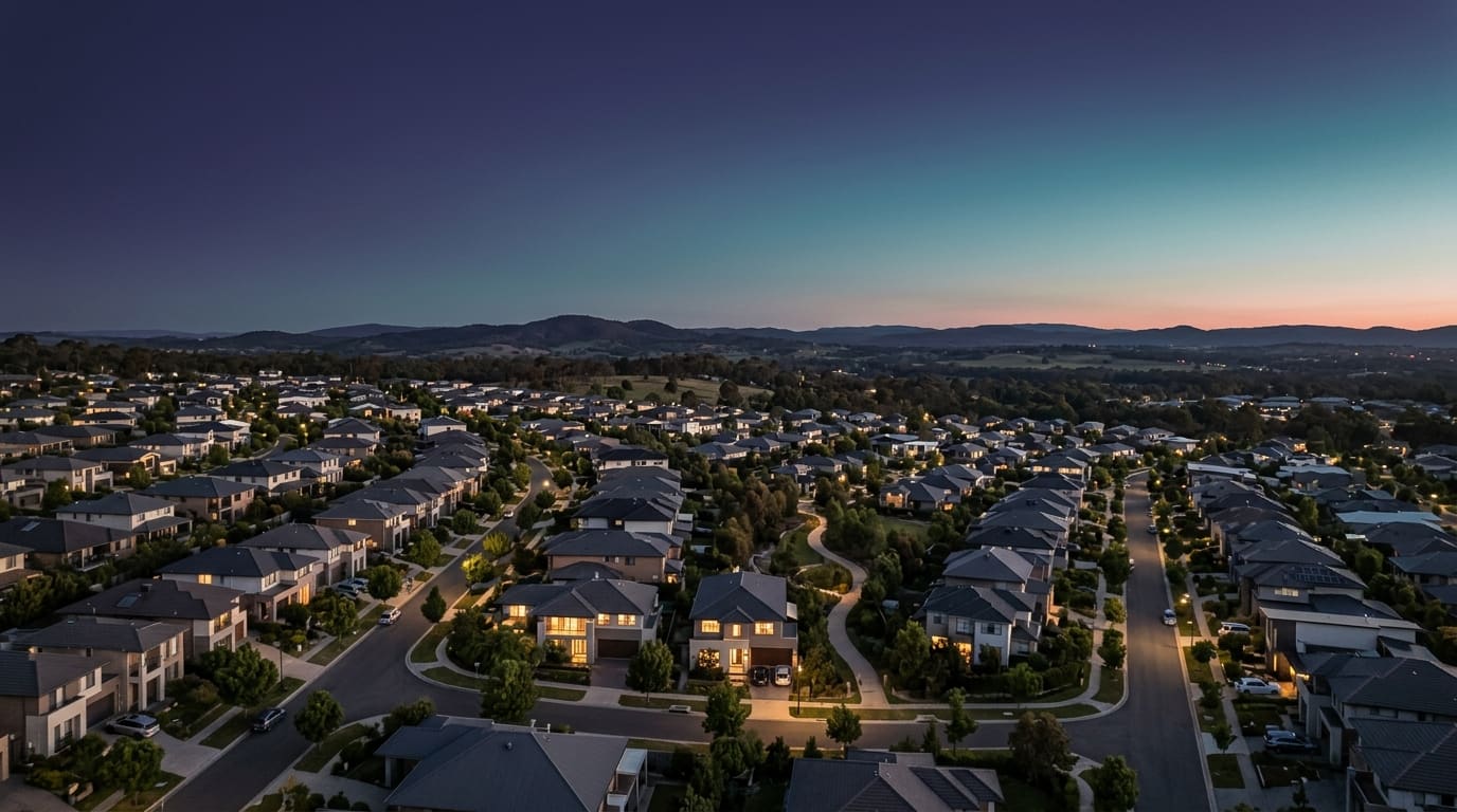 Aerial view of a modern suburban neighborhood at dusk, with warmly lit homes along tree-lined streets beneath a twilight sky.